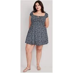 Old Navy Sundress Milkmaid Smocked Navy Floral Mini Dress Cottage Size Large